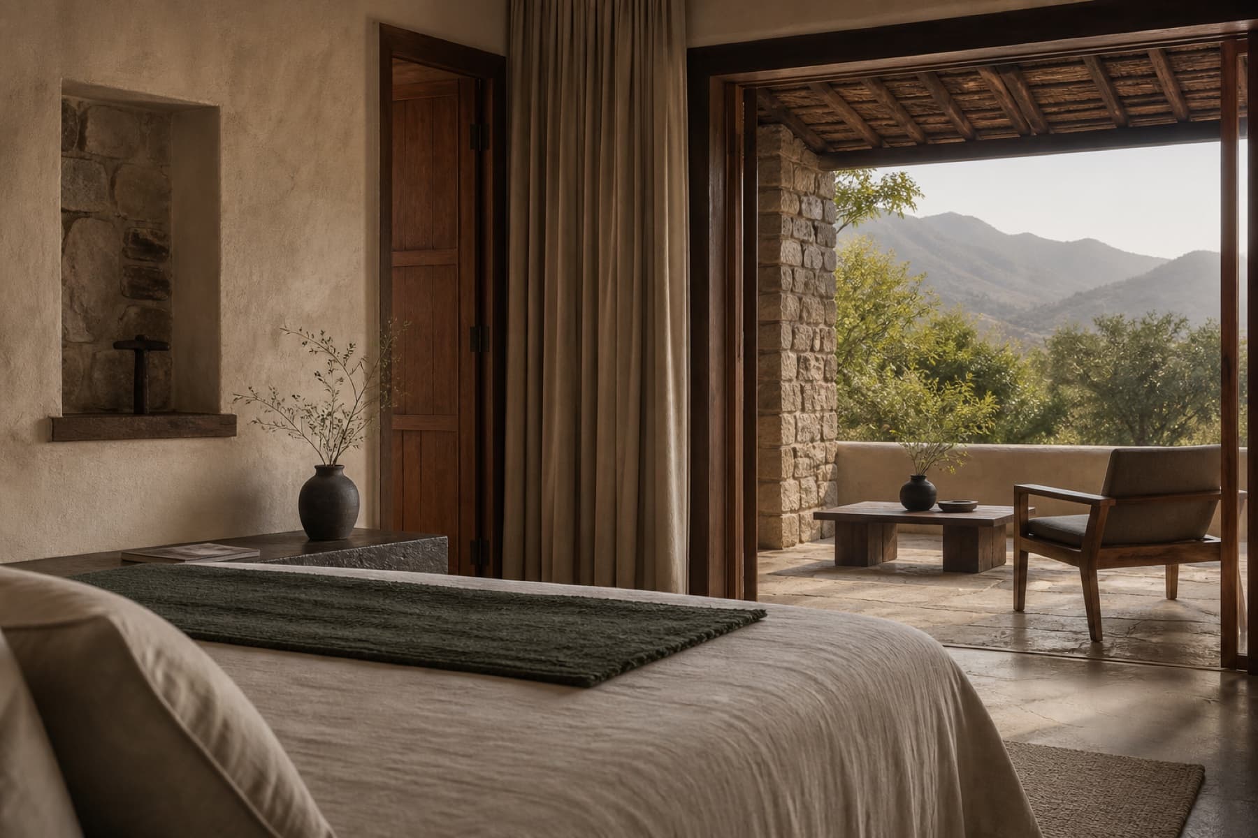 Concept visual of a Qilara guest room facing the Aravallis